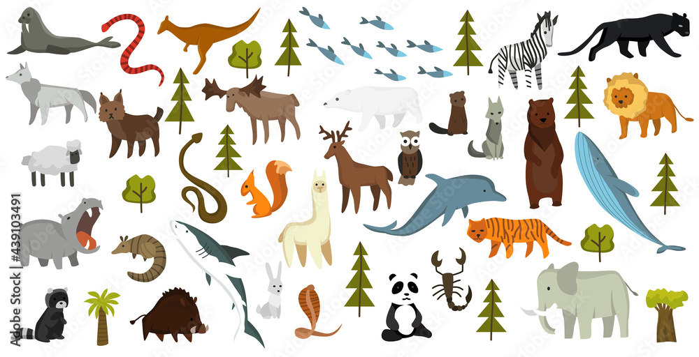 Fototapeta premium Collection of cute animals. Hand drawn animals which are common in America, Europe, Asia, Africa. Icon set isolated on a white background