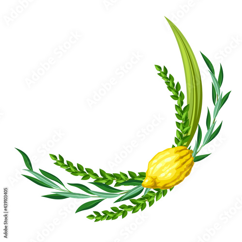 Happy Sukkot decorative frame. Holiday background with Jewish festival traditional symbols.