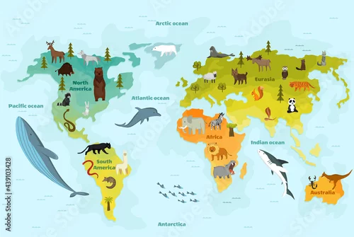 Obraz Mapa świata z różnymi zwierzętami dla dzieci z kontynentami, oceanami i mnóstwem zabawnych zwierząt. 