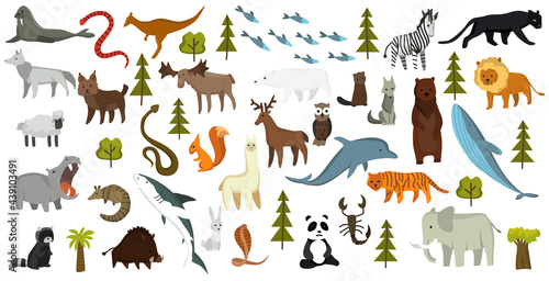 Fototapeta Naklejka Na Ścianę i Meble -  Collection of cute animals. Hand drawn animals which are common in America, Europe, Asia, Africa. Icon set isolated on a white background