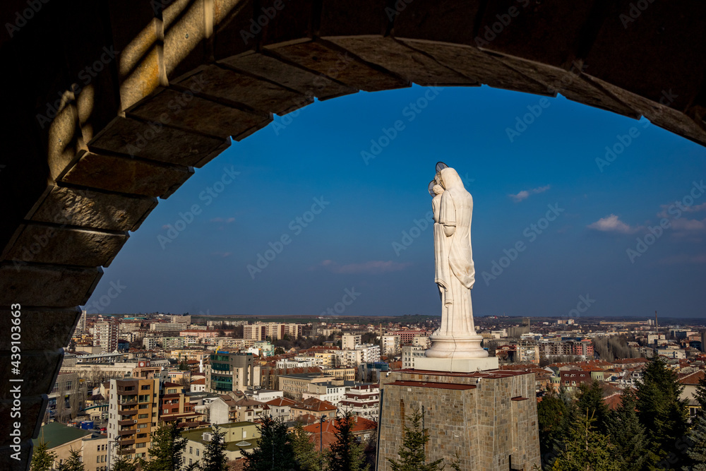 Monument of the Holy Mother of God, Haskovo, Bulgaria, framed view as seen from the nearby bell tower 