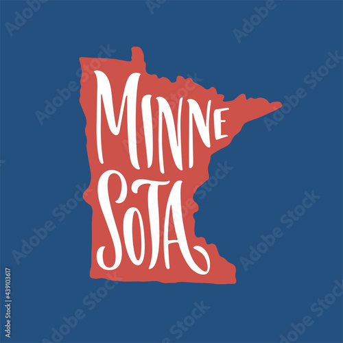 Minnesota. Hand drawn USA state name inside state silhouette on blue background. Modern calligraphy for t shirt prints, posters, stickers, cards, souvenirs. Vector vintage illustration.