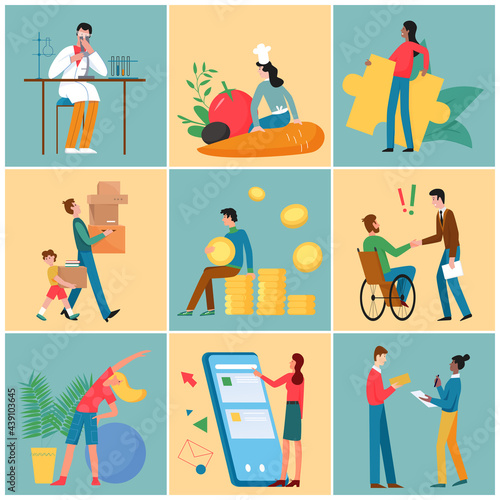 People work talk study communicate, sport activity vector illustration set. Cartoon tiny active man scientist working, woman using big phone social media communication, happy family move background