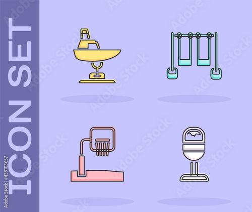 Set Trash can, Swing boat, Basketball backboard and Double swing icon. Vector