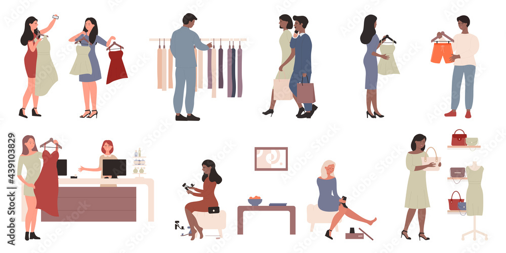 People buy fashion clothes vector illustration set. Cartoon shopping steps in store or boutique, man woman shopper characters choose clothes on shop sales, choice, payment scenes isolated on white