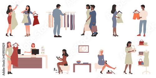 People buy fashion clothes vector illustration set. Cartoon shopping steps in store or boutique, man woman shopper characters choose clothes on shop sales, choice, payment scenes isolated on white