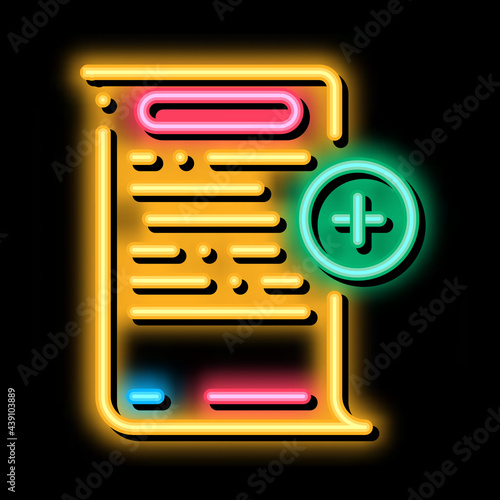 adding financial document for audit neon light sign vector. Glowing bright icon adding financial document for audit sign. transparent symbol illustration