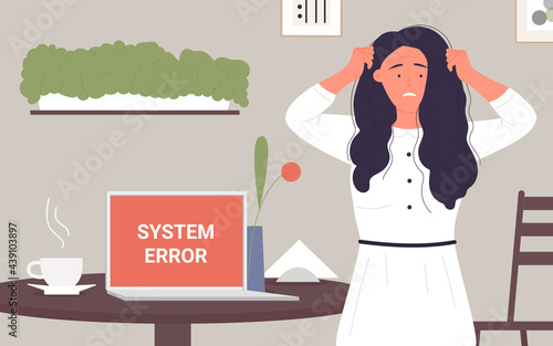 People with computer tech error in office workplace vector illustration. Cartoon frustrated business lady character working with software problem, young office worker girl and error warning window