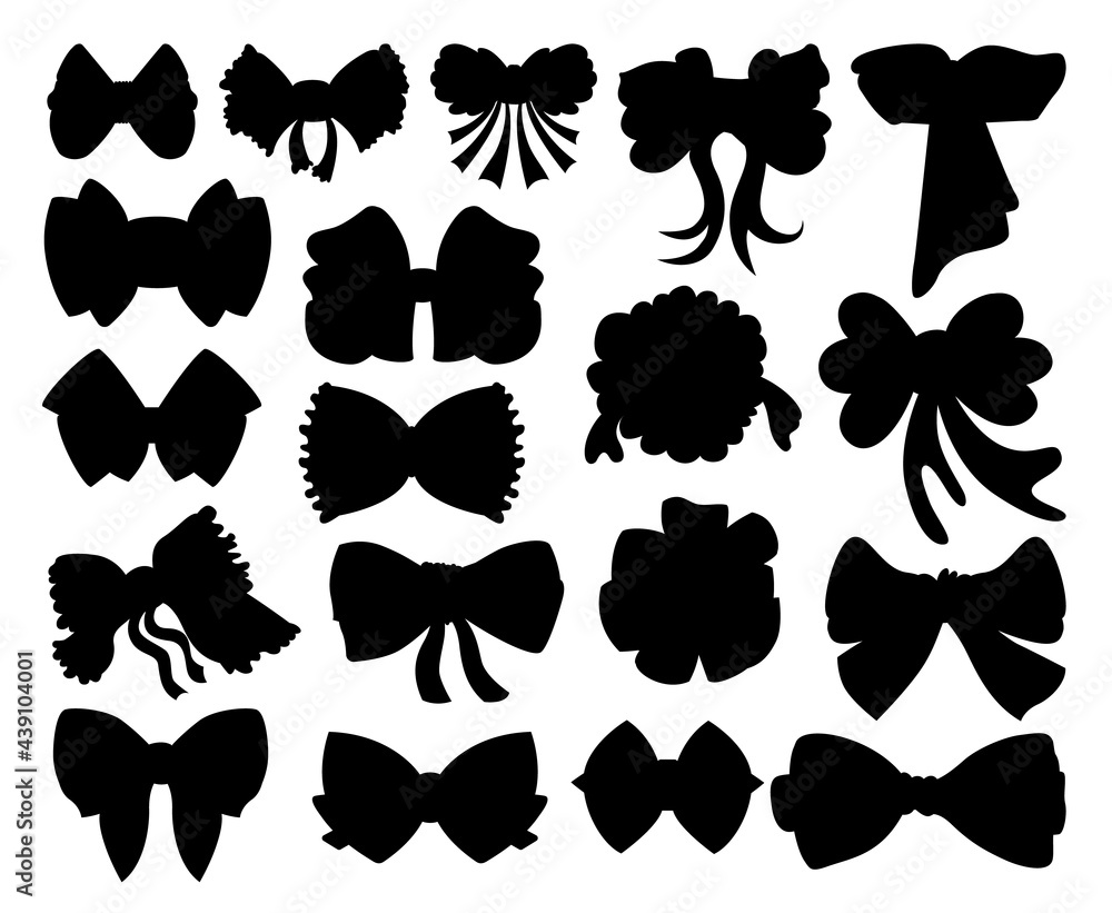 Collection of gift bows flat illustration. Silhouette of knots for present elements template. Decorations for gifts, greetings or holidays