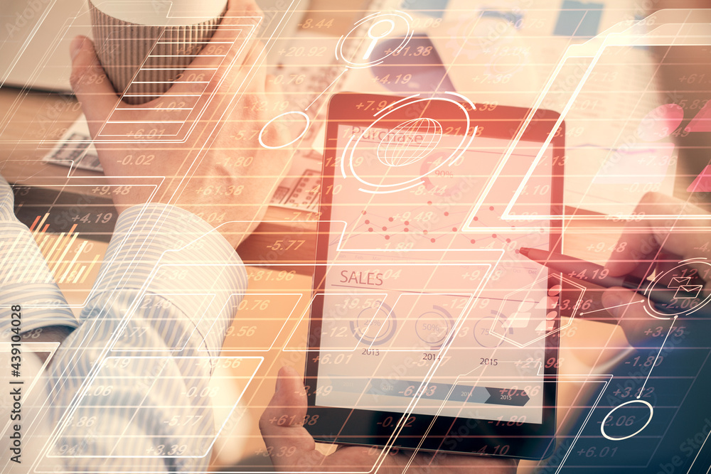 Multi exposure of man's hands holding and using a digital device and data theme drawing. Innovation concept. Multi exposure of man's hands holding and using a digital device and data theme drawing. Innovation concept.