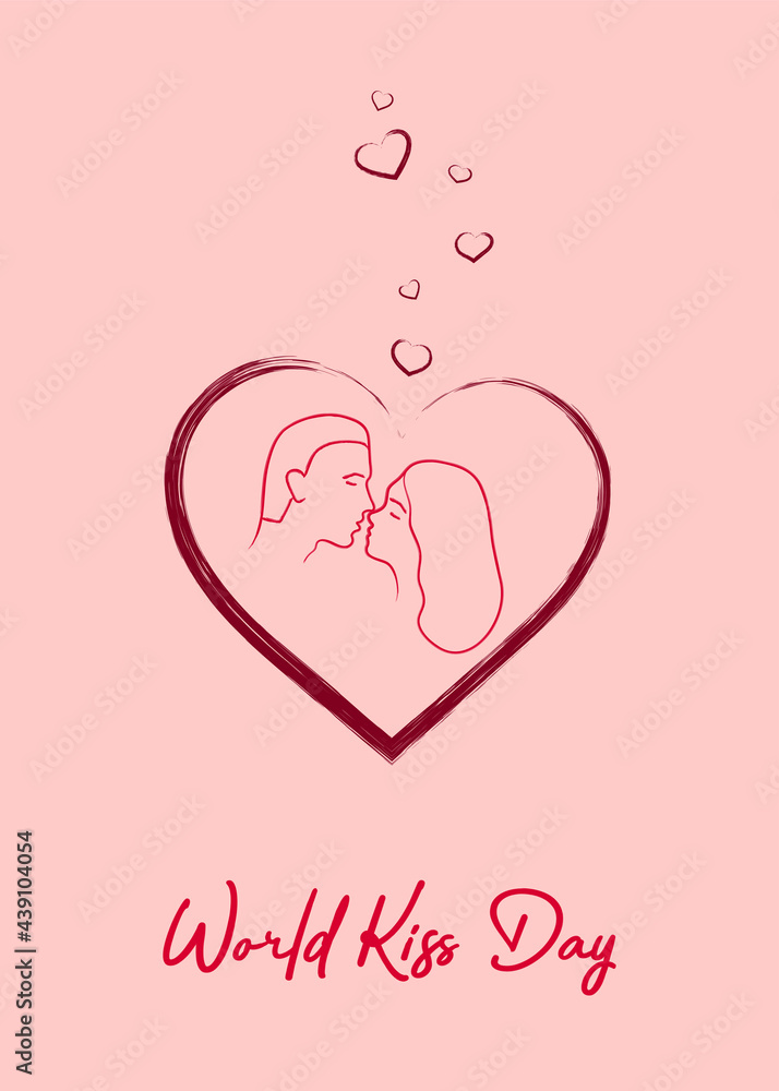 World kiss day. Kissing loving couple. A man and a woman. Template for card, poster, flyer, print. Vector illustration.