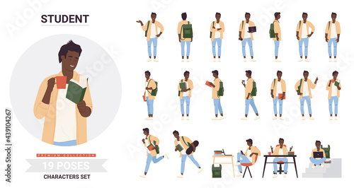African american black student young man poses infographic vector illustration set. Cartoon student guy holding coffee cup, posing with book study, walking with backpack, running skateboard isolated