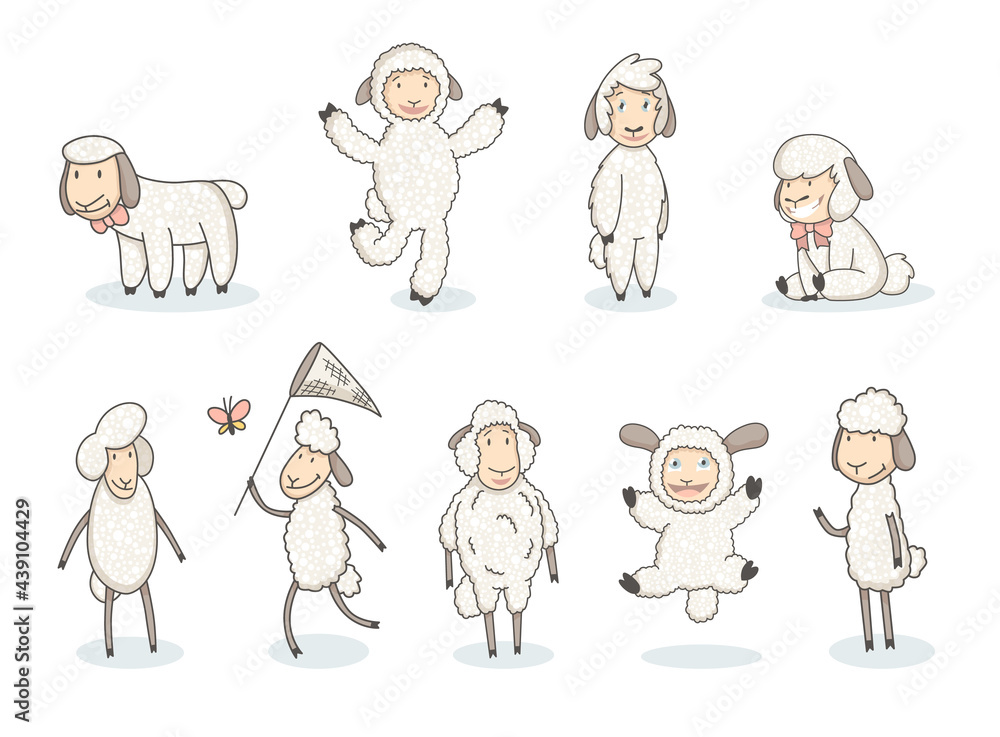 Cute white sheep collection. Cartoon funny sheeps in hand drawn style. set of graphic design elements for kids poster Cute white sheep collection. Cartoon funny sheeps in hand drawn style. set of graphic design elements for kids poster