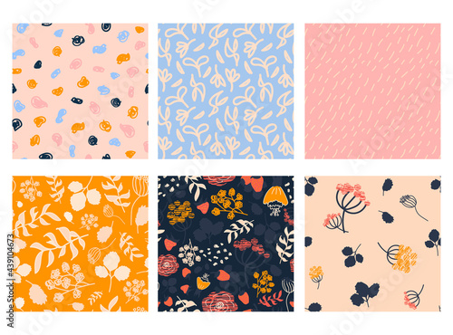 Vector set of 6 abstract backgrounds. Seamless pattern with berries, branches, leaves and flowers, spots. Perfect for cards, wrapping paper, design fabric