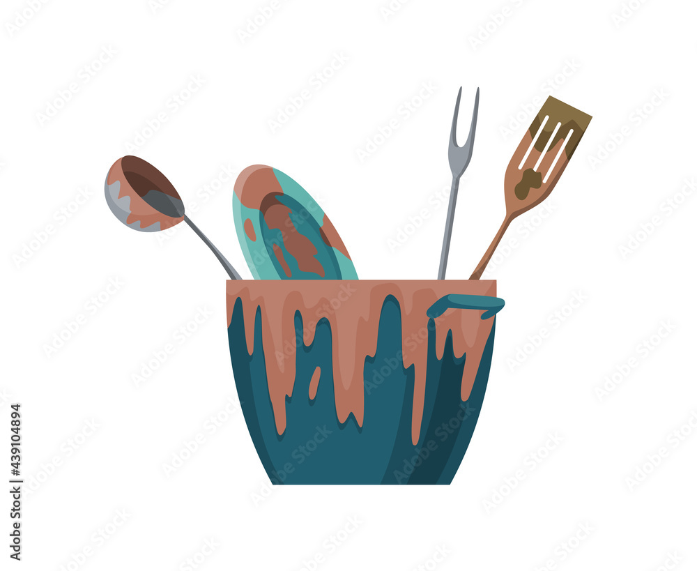 Dirty dishes plates and cups saucepan with remains fat stains. Stack of dirty kitchen utensil and dinnerware flat set for web design. Household and kitchenware concept Dirty dishes plates and cups saucepan with remains fat stains. Stack of dirty kitchen utensil and dinnerware flat set for web design. Household and kitchenware concept