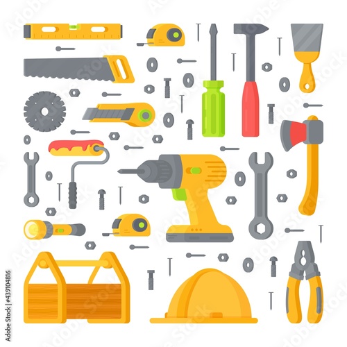 Vector illustration of a set of different tools and appliances for repairs. Tool set consisting of: hammer, axe, nails, flashlight, saw, screwdriver, drill, and the rest.