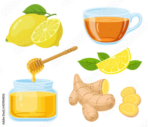 Natural cough remedies. Honey, vitamin c lemon, hot tea and chopped ginger root cartoon vector illustration set. Natural medicine remedies