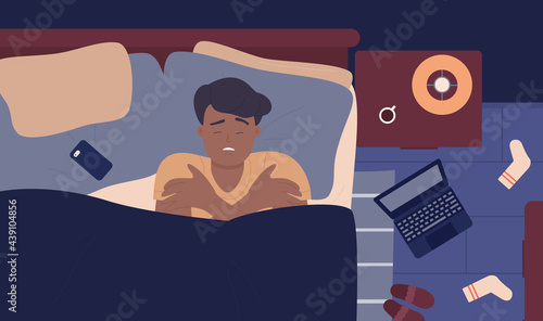 Sick man suffering flu fever illness vector illustration. Cartoon sad ill boy with symptoms of cold influenza and headache laying in bed on pillow under blanket, top view of home bedroom background