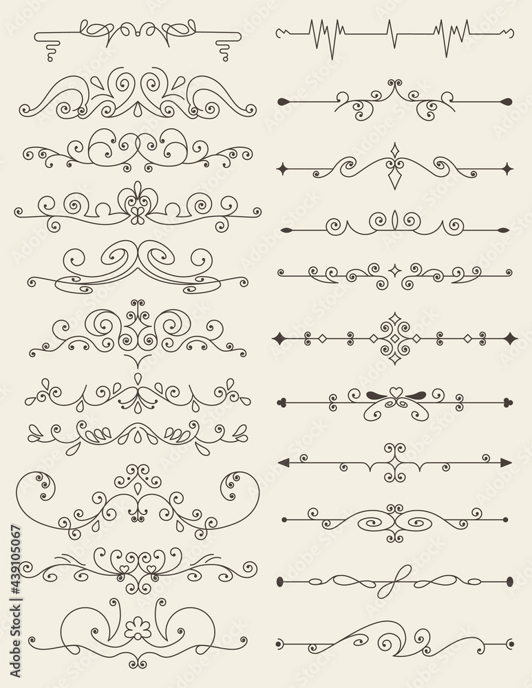 Flourish calligraphic design elements set. Page decoration symbols to embellish your layout. Outline border elements