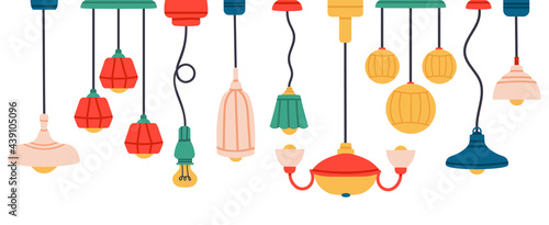 Lamps and chandeliers, hand drawn interior items and lighting elements