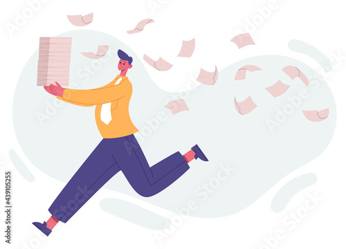 Unorganised running office worker, paperwork and office deadline