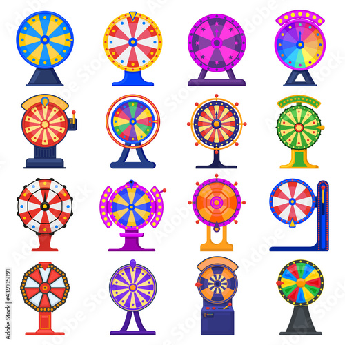 Fortune wheel. Casino game jackpot lucky wheels, spinning striped roulette isolated vector illustration set. Rotating lottery wheel roulette