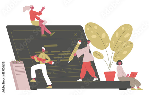 Creative writing concept. Writer, journalists or freelance bloggers writing text with laptop vector illustration. Professional storytelling characters