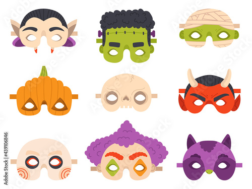 Halloween carnival masks. Happy halloween devil, mummy, pumpkin and vampire party mask vector illustration set. Cute halloween masquerade masks