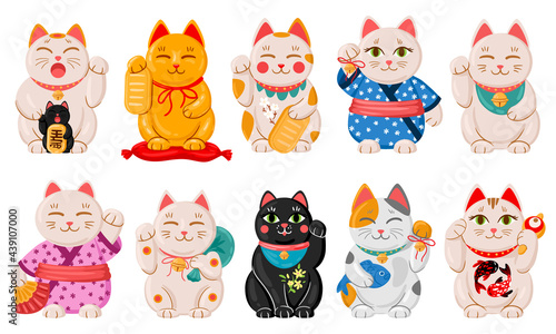 Japanese maneki neko cats. Cartoon lucky japan traditional cat toys, kawaii oriental fortune symbol animal vector illustration set. Cute asian maneki neko cats