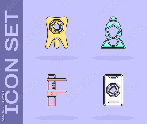 Set Jewelry online shopping, Tooth with diamond, Calliper or caliper and scale and Consultant of jewelry store icon. Vector