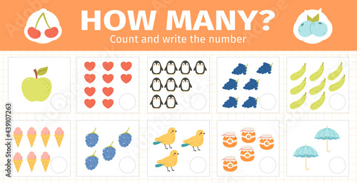 Counting math kids game. Mathematical numbers counting game for kids, children math game worksheets vector illustration set. Educational math cards