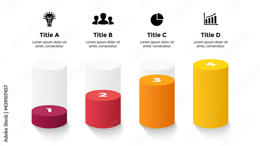 3D Vector Perspective Infographic. Marketing report. Presentation slide template. 4 step options diagram. Growth business chart concept. Transparent glass cylinders. Colorful creative info graphic 3D Vector Perspective Infographic. Marketing report. Presentation slide template. 4 step options diagram. Growth business chart concept. Transparent glass cylinders. Colorful creative info graphic