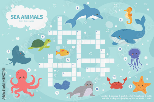 Sea animals crossword. Kids crossword puzzle game, underwater marine animals, octopus, turtle and whale vector illustration. Ocean fauna children crossword