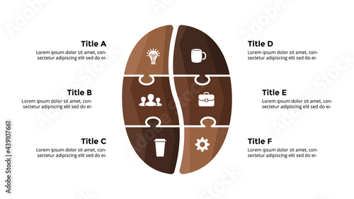 Coffee bean puzzle Infographic. Creative illustration. Vector slide template. 6 options, steps, processes diagram chart.