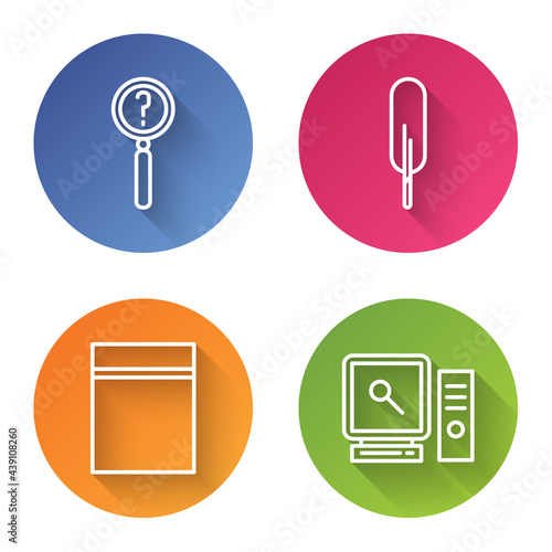 Set line Magnifying glass with search, Feather pen, Plastic bag with ziplock and Search on computer screen. Color circle button. Vector