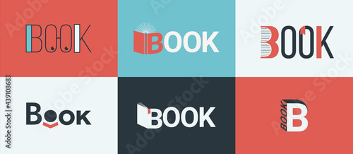 A set of book logos, bookstore logo concepts. Symbol of knowledge, learning and education for libraries, bookstores in flat design style. Bookshop logotypes with books. Vector illustration.