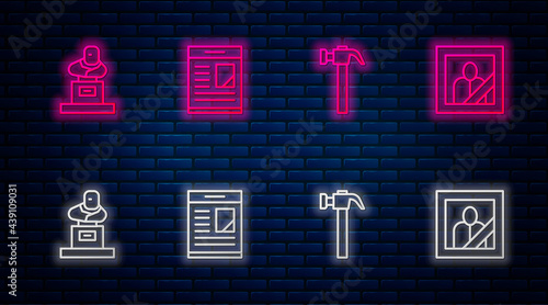 Set line Obituaries, Hammer, Grave with tombstone and Mourning photo frame. Glowing neon icon on brick wall. Vector