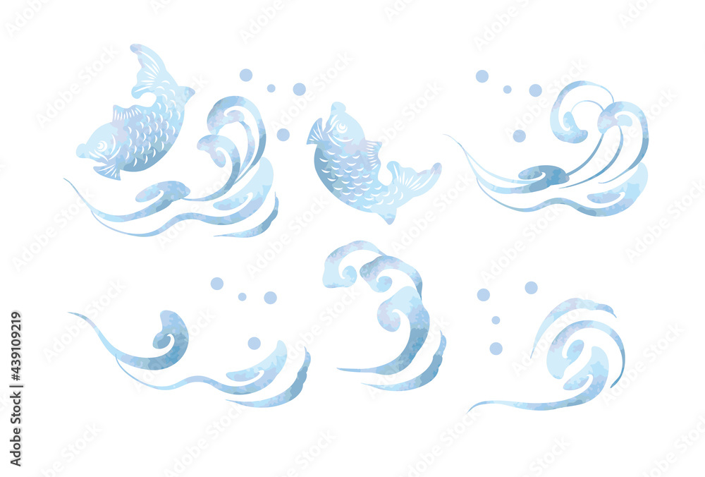 水彩風の津波と鯛のベクターイラスト素材セット Stock Vector Adobe Stock