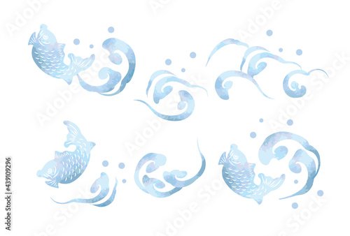 水彩風の津波と鯛のベクターイラスト素材セット