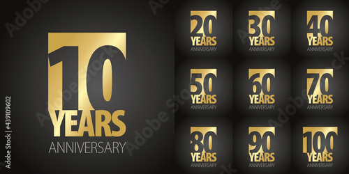 Set of Anniversary decades vector creative design emblems with negative space numbers golden color for celebration event, invitation, greeting, web template, leaflet and booklet