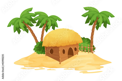 Beach bungalow, tiki hut with straw roof, bamboo and wooden details on sand in cartoon style isolated on white background. Fantasy building, vacation concept. Vector illustration