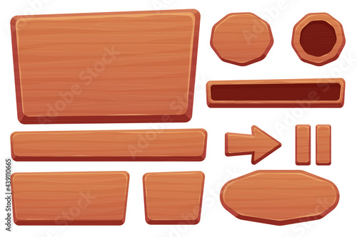 Wood button set in cartoon style with cracked details isolated on white background. Game assets, ui interface, menu. Collection of different shapes for application. Vector illustration