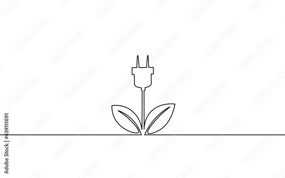 Continuous line art green neon energy plug concept. Sustainable power storage electric rechargeable supply. Charging battery eco global planet solution. Hand drawing sketch vector illustration - obrazy, fototapety, plakaty 