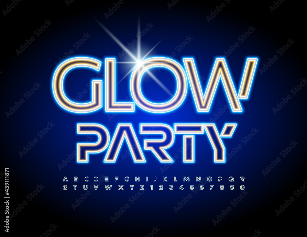 Vector neon poster Glow Party. Illuminated Led Font. Futuristic set of Alphabet Letters and Numbers