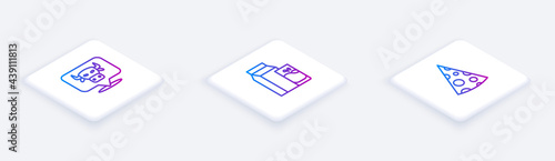 Set Isometric line Cow head, Paper package for kefir and Cheese. White square button. Vector
