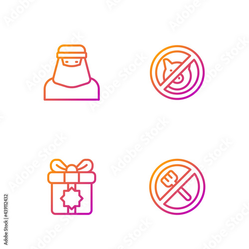 Set line Ramadan fasting, Gift box, Muslim woman niqab and No pig. Gradient color icons. Vector