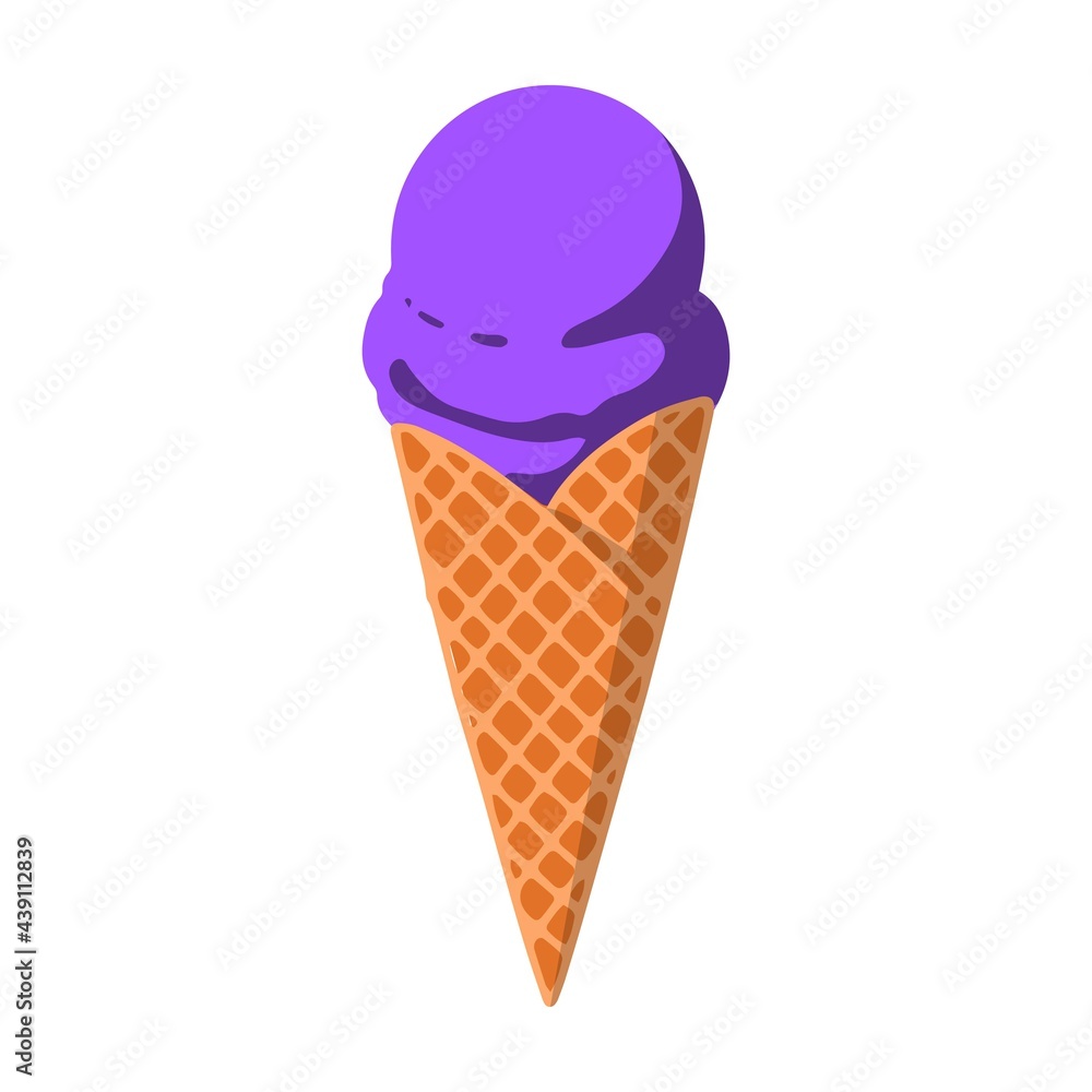 Cartoon violet ice cream in a waffle cone. Isolated icon for the summer menu. Minimal elegant illustrations