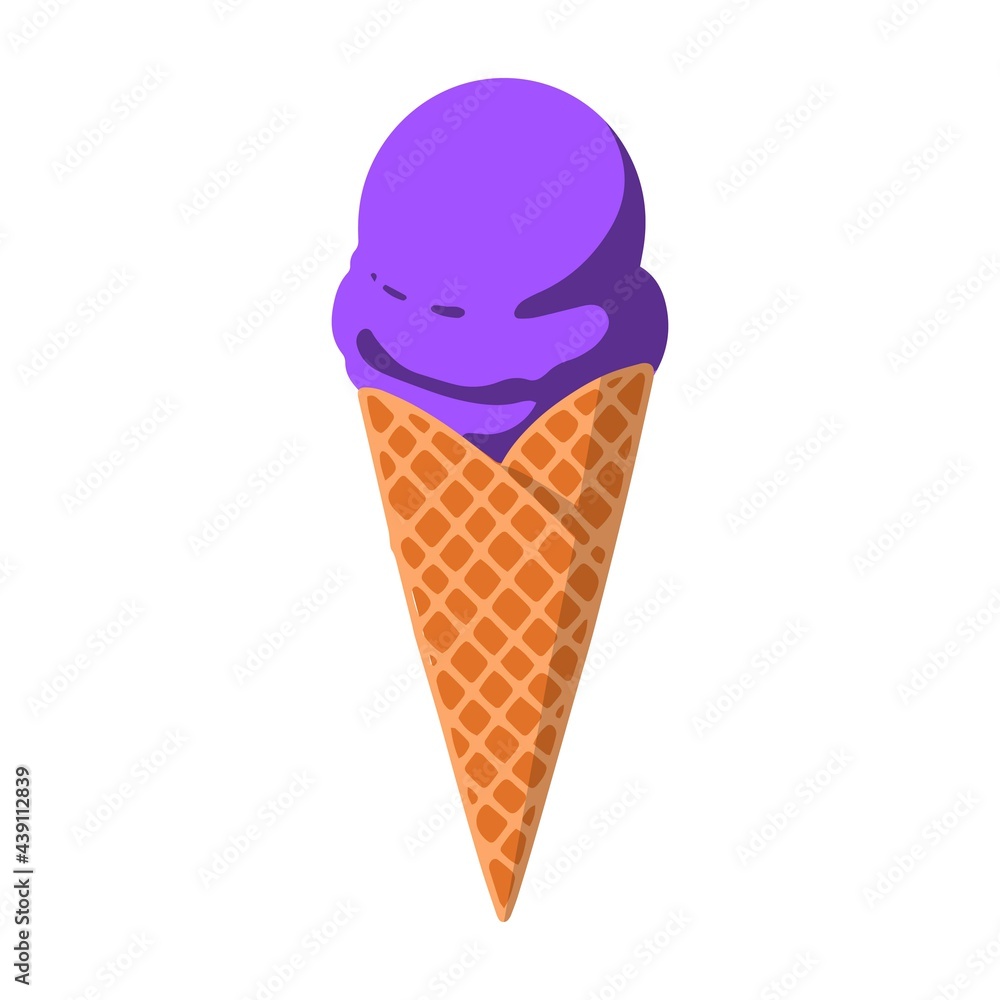 Cartoon violet ice cream in a waffle cone. Isolated icon for the summer menu. Minimal elegant illustrations Cartoon violet ice cream in a waffle cone. Isolated icon for the summer menu. Minimal elegant illustrations