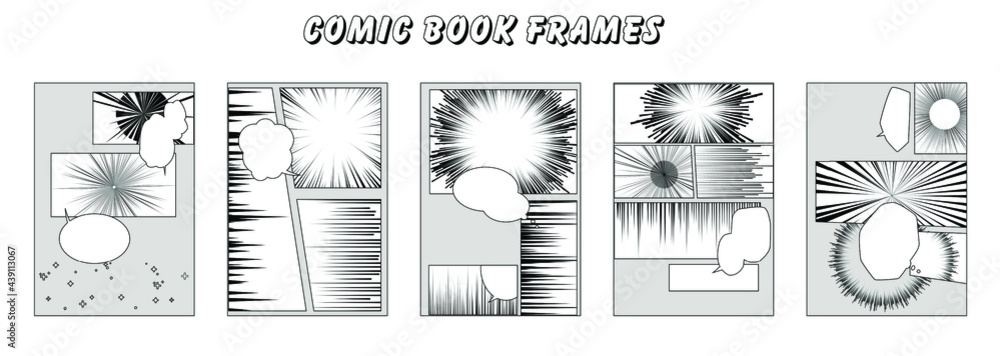 Naklejka premium Set of comic strip, a sequence of panels with empty space for text and drawings.