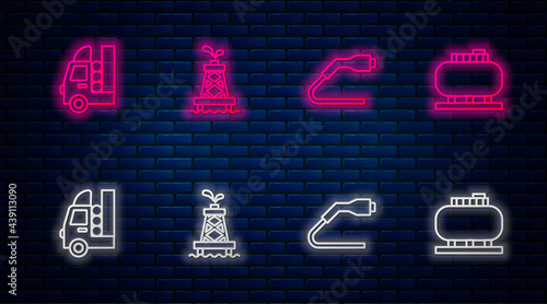 Set line Oil rig, Electrical cable plug charging, Gas tank for vehicle and storage. Glowing neon icon on brick wall. Vector